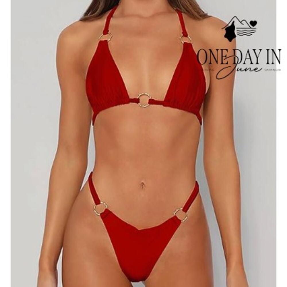 Miketai Triangle Thong Bikini Swimsuit Red Gold O-Ring NWT Size S